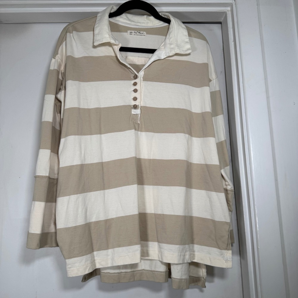 We The Free Women's Striped Button Down Tunic Top Long Sleeve Casual Beige